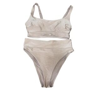 Aerie Bikini Set Women M/L Champagne Excellent Ribbed High Cut Cheeky Scoop